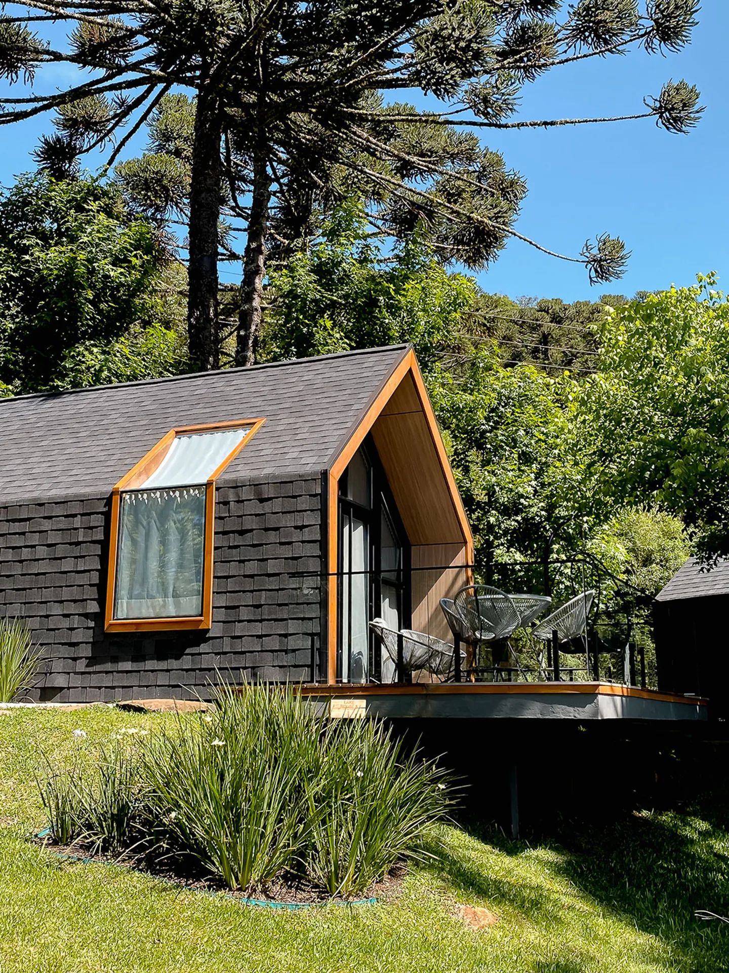 Lake house de telhas escuras com janela saliente de moldura de madeira e deck com cadeiras, entre araucárias e gramado